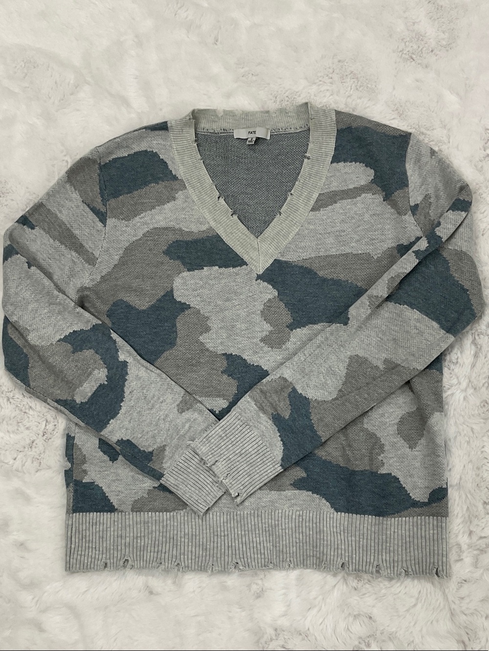 Fate Women's V-Neck Camouflage Sweater - Gray & Blue